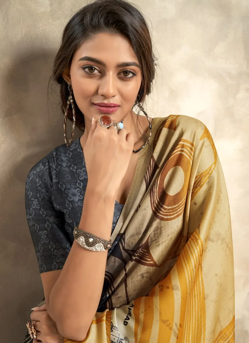 Black And Mustard Modern Abstract Printed Satin Crepe Saree