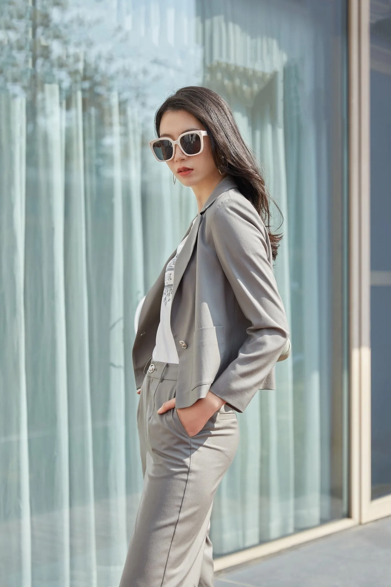 Dolphin Gray Blazer Suit Office Outfits