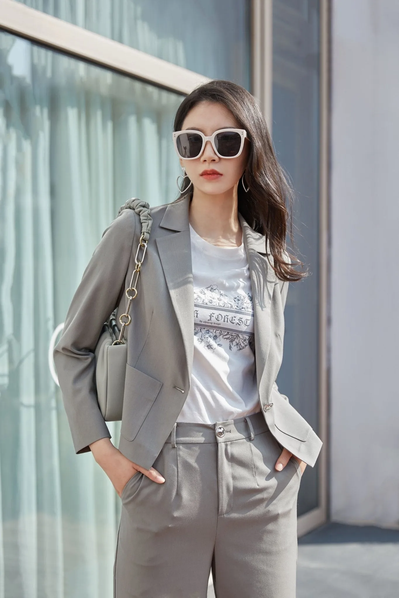 Dolphin Gray Blazer Suit Office Outfits