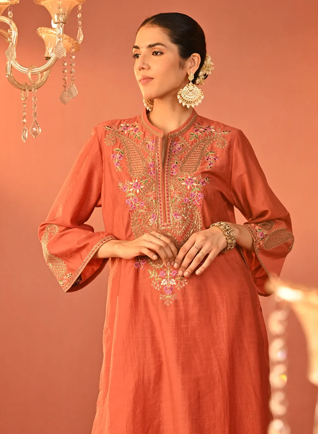 Mohiba Orange Embroidered Co-ord Set for Women